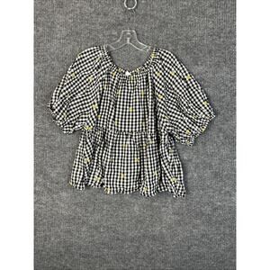 Old Navy Womens Checkered Top Size XL Embroidered Short Sleeve Preppy Bohemian